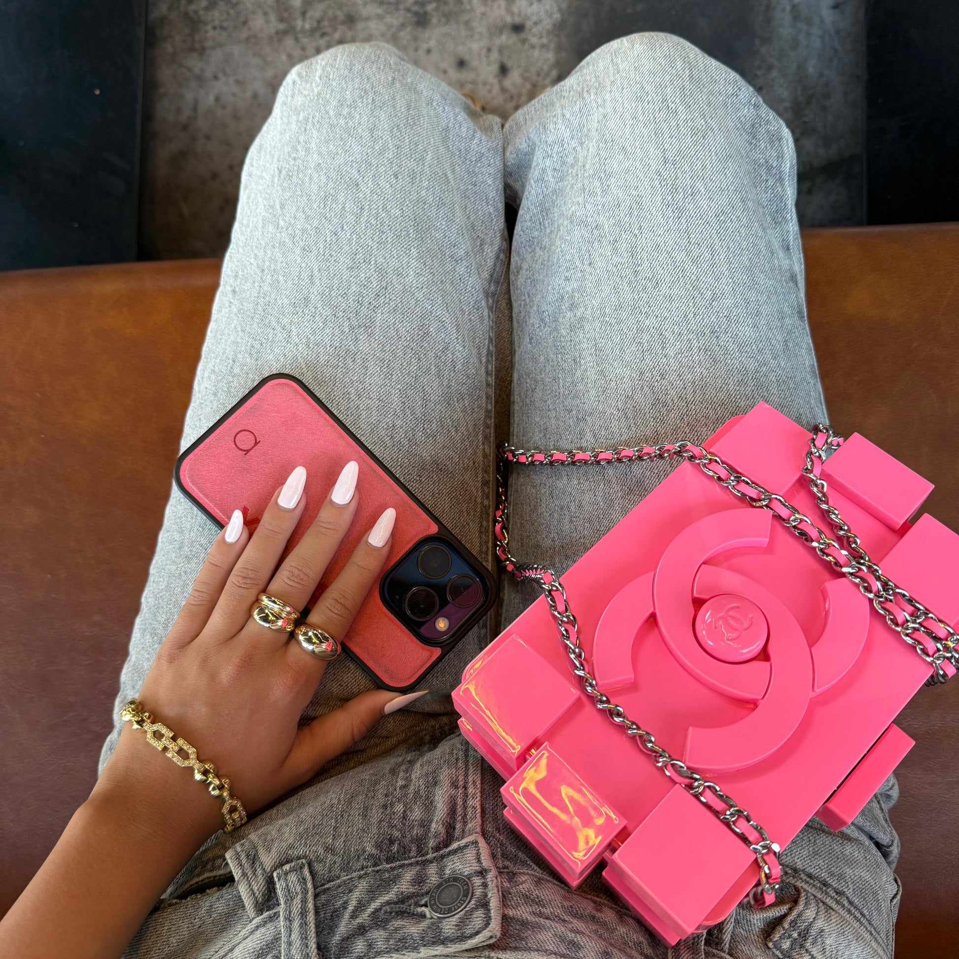 Customer matching our rose alcantara case with chanel pink handbag 